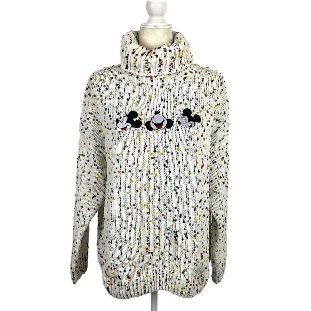 Disney Mickey Mouse Embroidered Turtleneck Confetti Knit Pullover Sweater Large